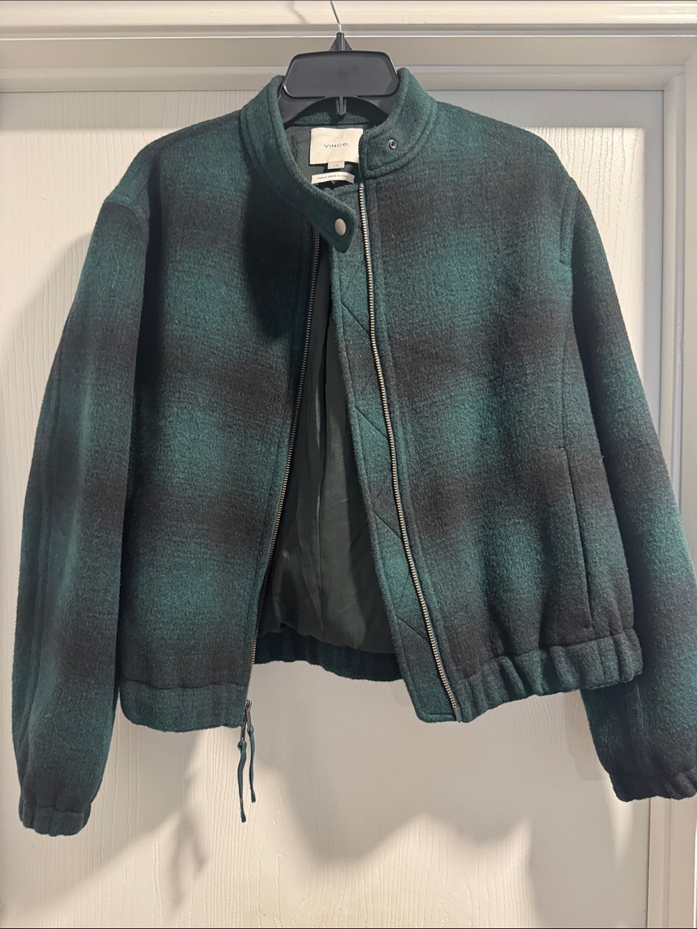 Vince Juniper and Black Plaid Wool Bomber Jacket